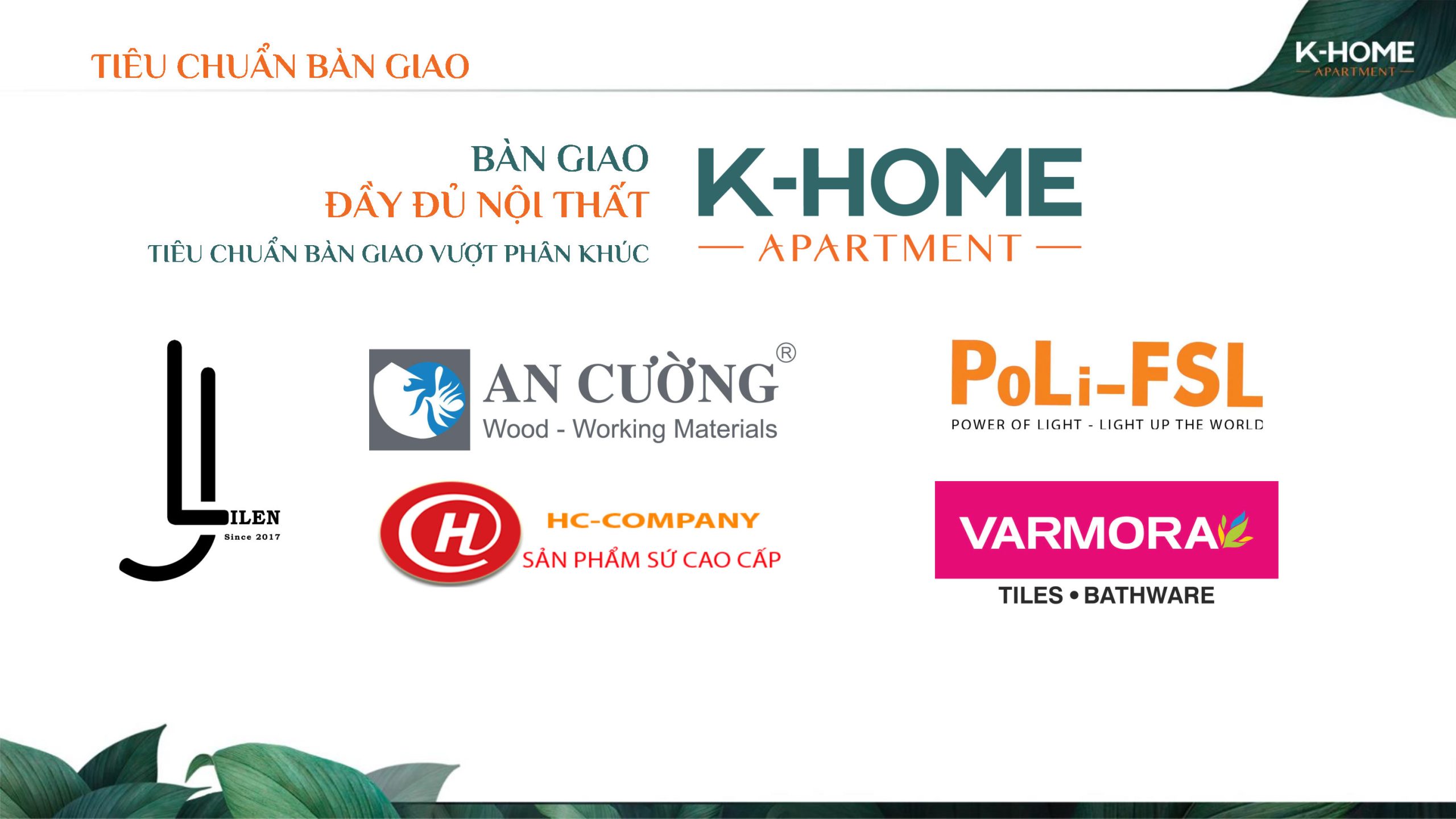 danh mục thương hiệu nội thất bàn giao nhà chung cư K-HOME Apartment Kim Oanh Bình Dương