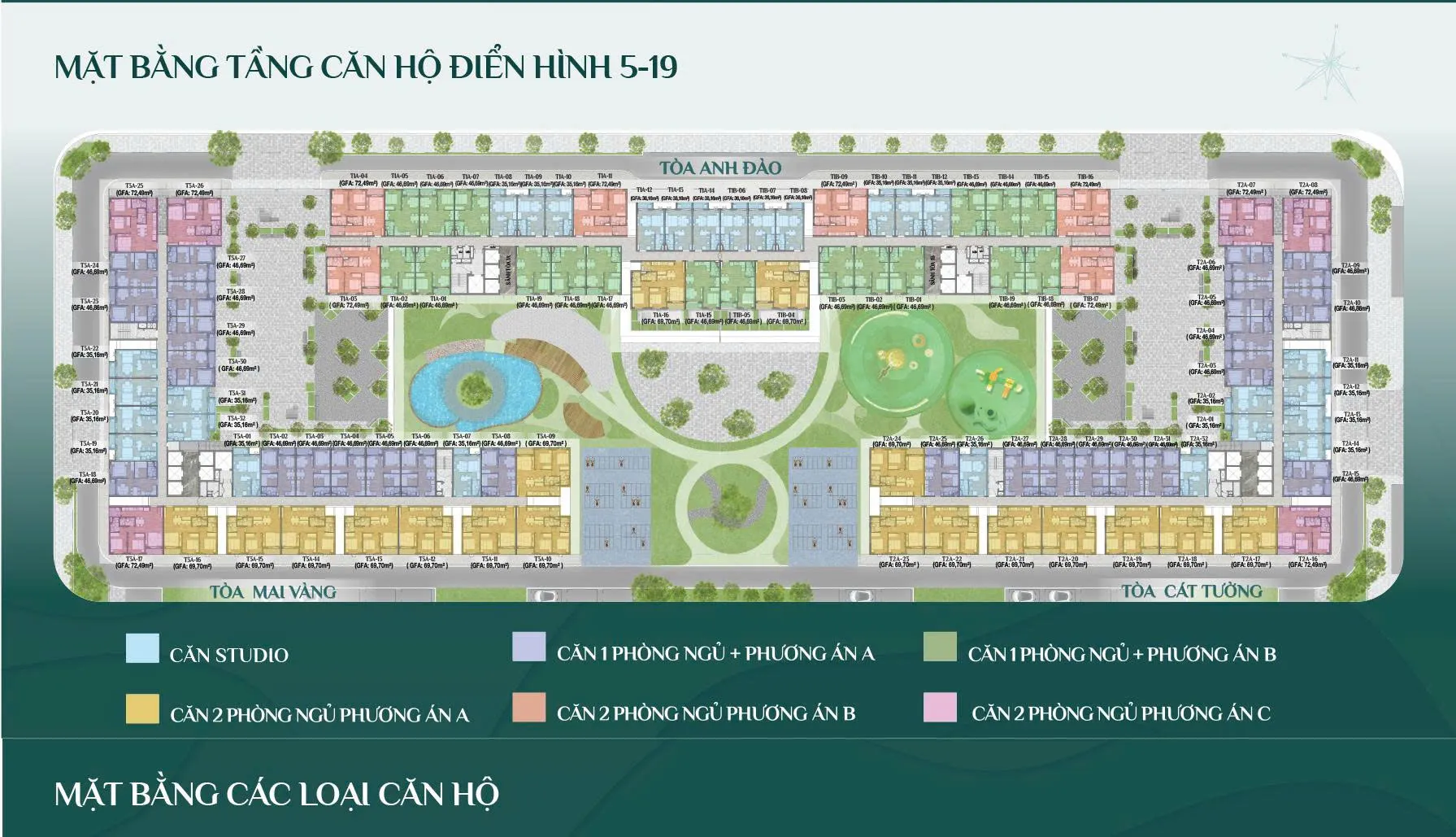 mặt bằng tầng 3 tòa Anh Đào (T1), Cát Tường (T2), Mai Vàng (T3) tại khu căn hộ K-Home Apartment